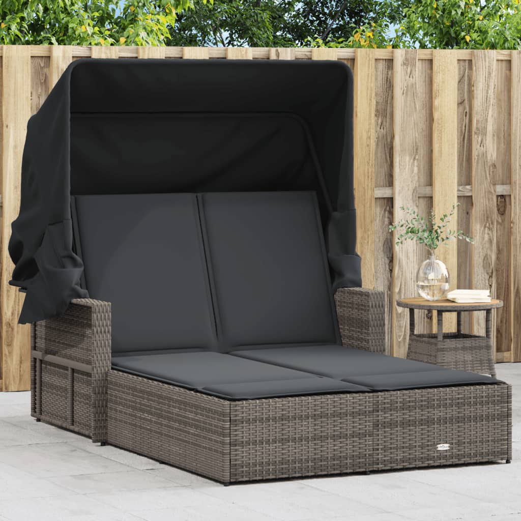 Double Sun Lounger with Canopy and Cushions Poly Rattan Grey