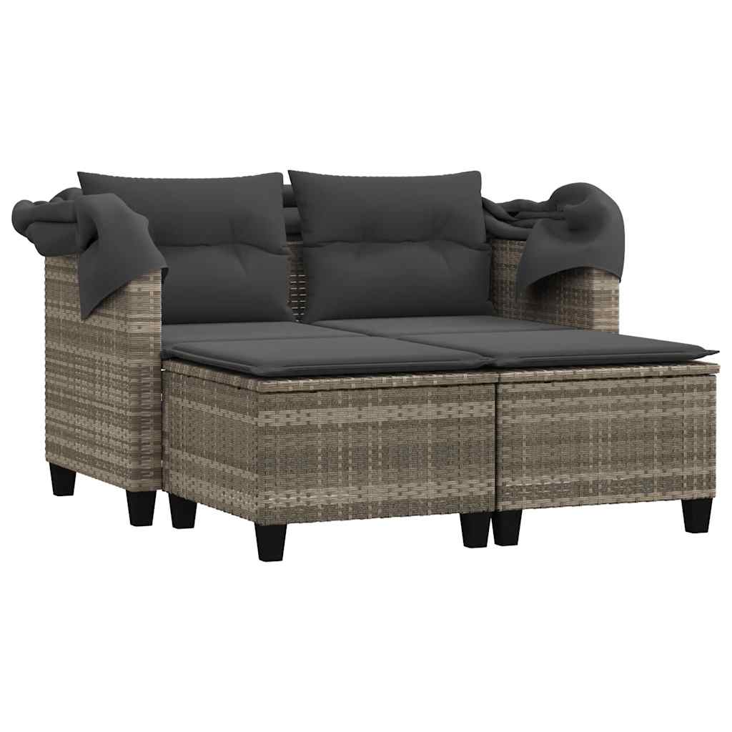 vidaXL Garden Sofa 2-Seater with Canopy and Stools Light Grey Poly Rattan 4