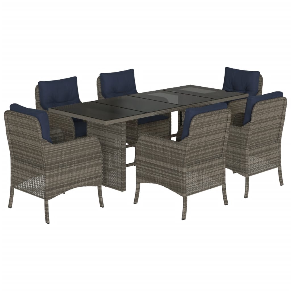 7 Piece Garden Dining Set with Cushions Grey Poly Rattan Glass 6