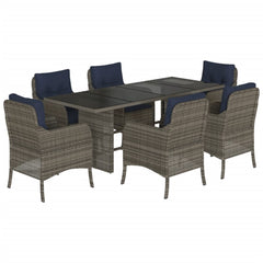 7 Piece Garden Dining Set with Cushions Grey Poly Rattan Glass 6