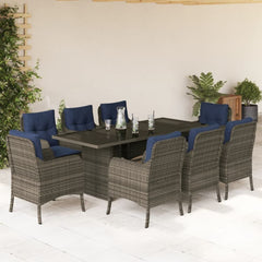 7 Piece Garden Dining Set with Cushions Grey Poly Rattan Glass 8