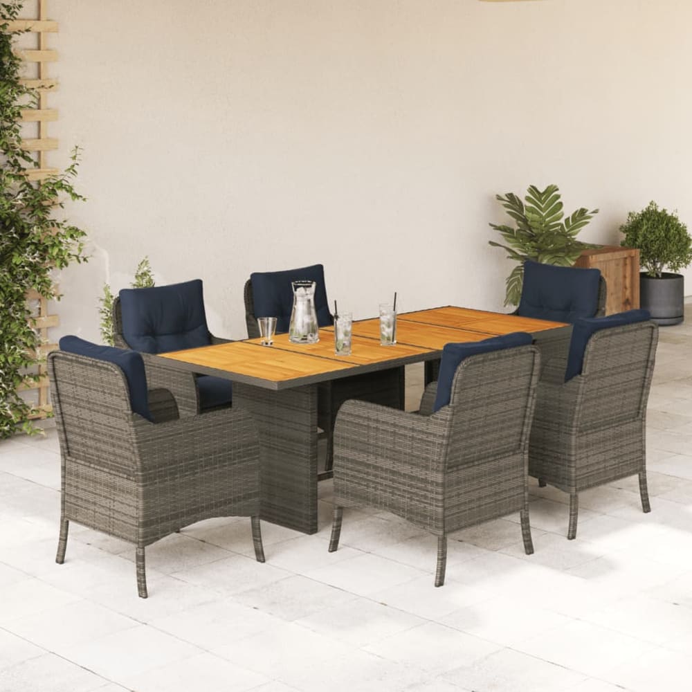 7 Piece Garden Dining Set with Cushions Grey Poly Rattan Wood 6