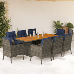 7 Piece Garden Dining Set with Cushions Grey Poly Rattan Wood 8