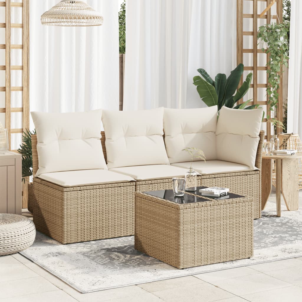 vidaXL Garden Table with Glass Top Beige 55x55x37 cm Poly Rattan 3
