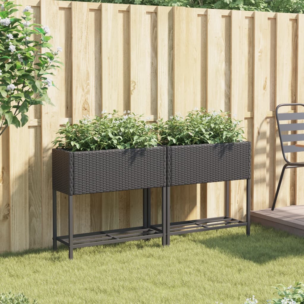 Garden Planters with Shelf 70x28x70 cm Poly Rattan 2 pcs Black