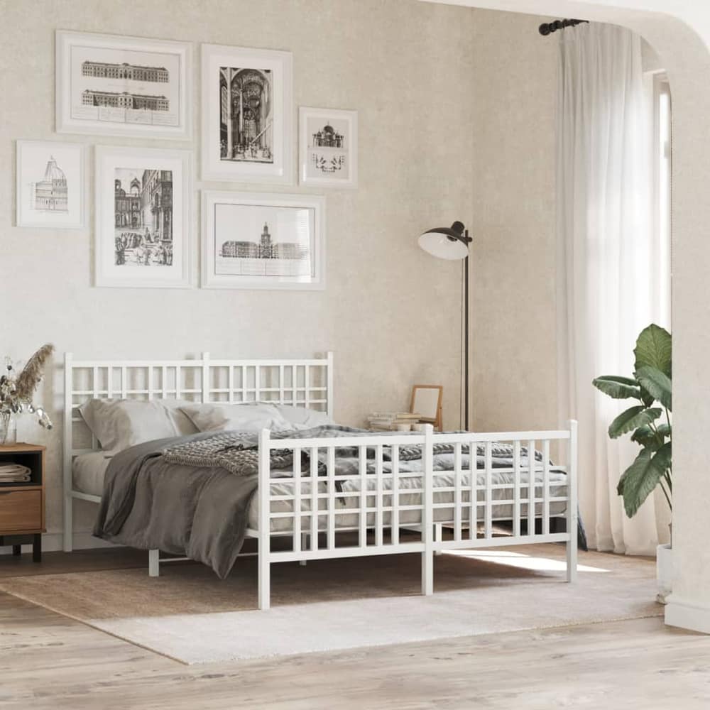 Metal Bed Frame without Mattress Footboard Headboard White