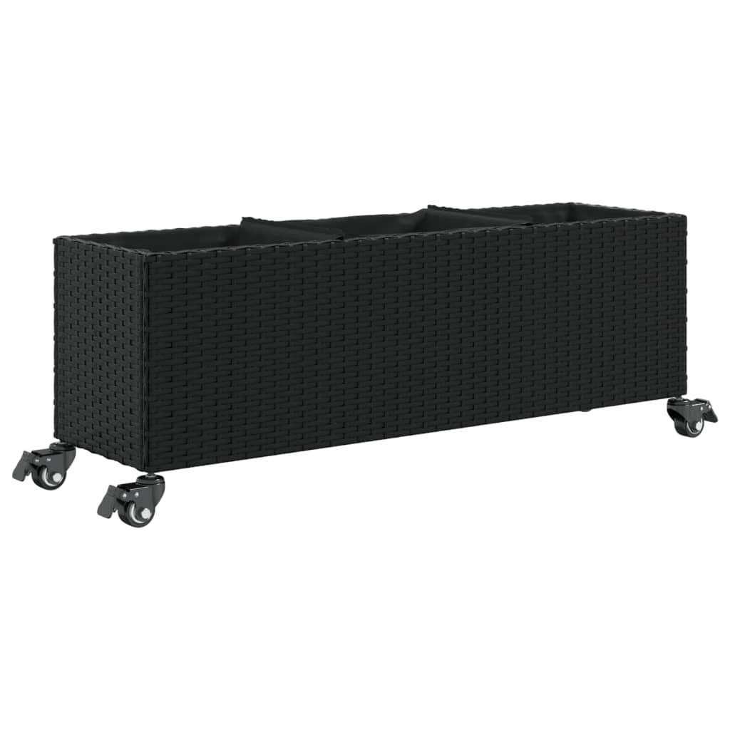 vidaXL Garden Planter with Wheels and 3 Pots Black 107x32x38 cm Poly Rattan 2