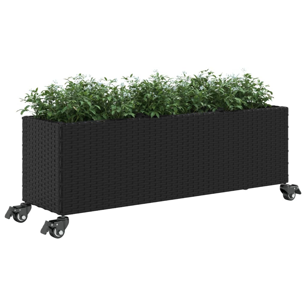 vidaXL Garden Planter with Wheels and 3 Pots Black 107x32x38 cm Poly Rattan 4