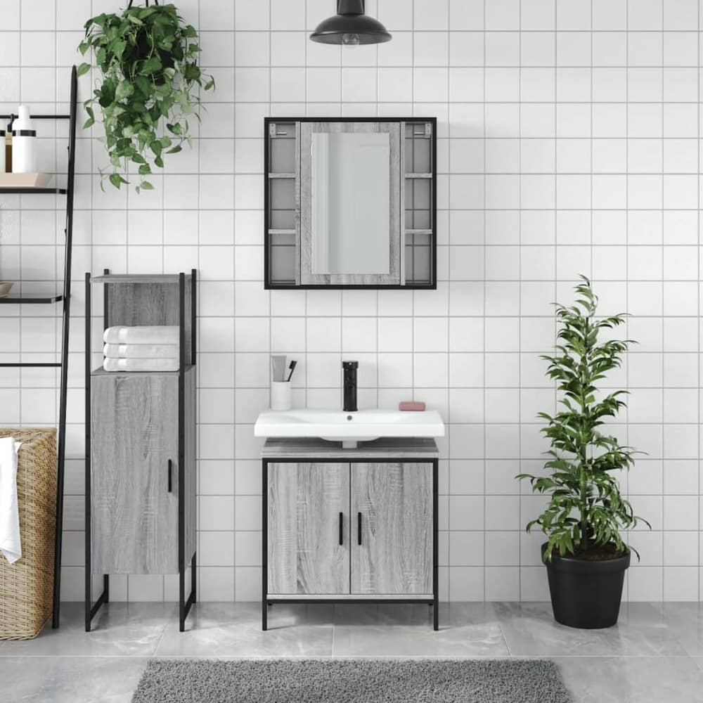 3 Piece Bathroom Cabinet Set Engineered Wood Grey sonoma