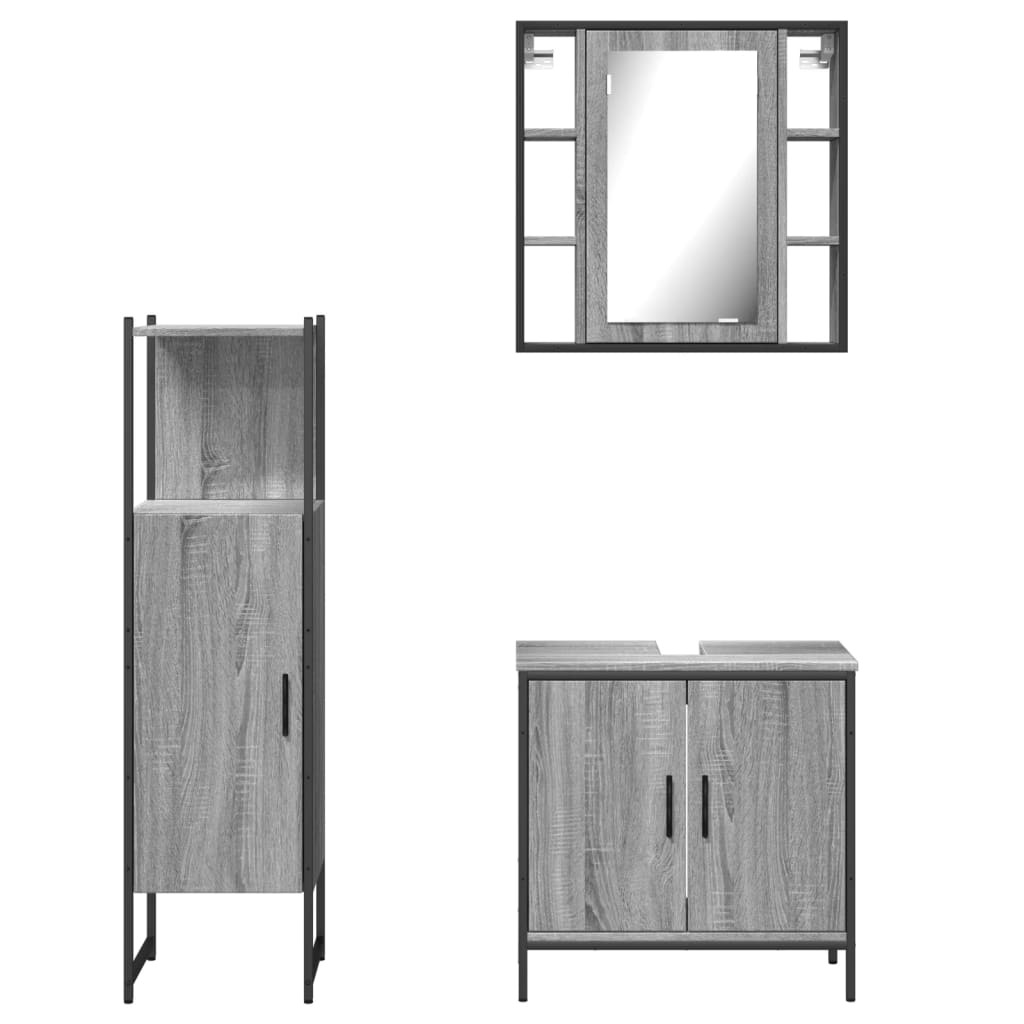 3 Piece Bathroom Cabinet Set Engineered Wood Grey sonoma