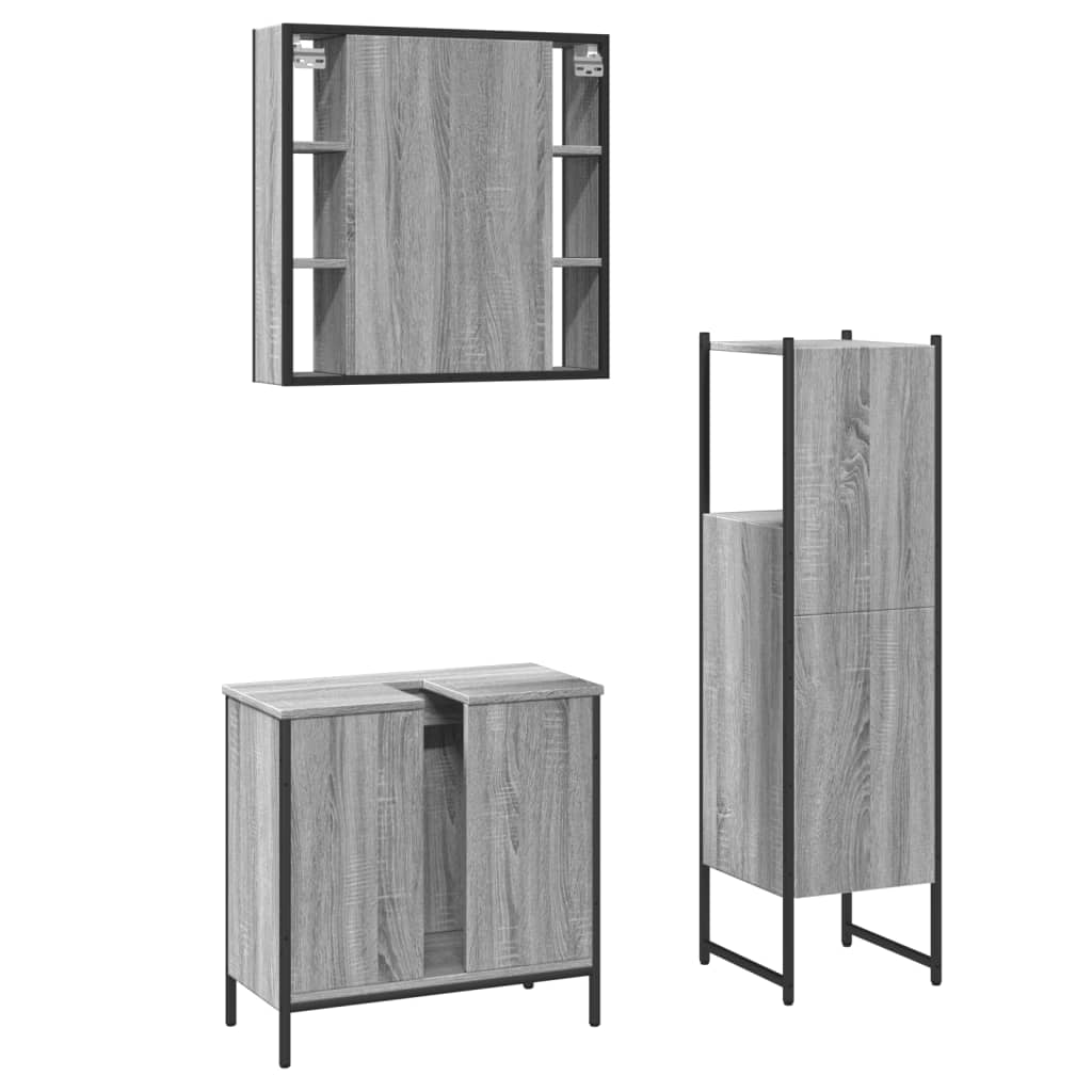 3 Piece Bathroom Cabinet Set Engineered Wood Grey sonoma