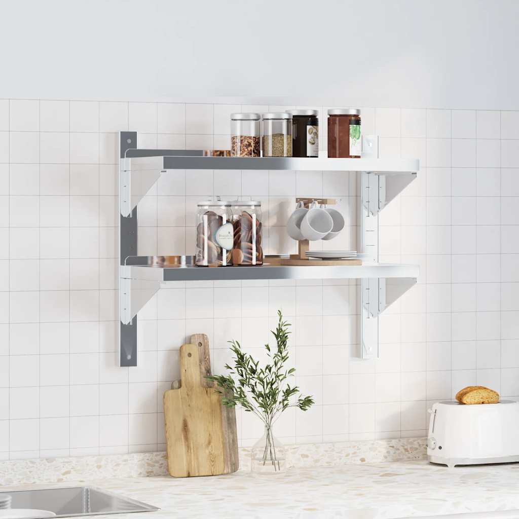 vidaXL 2-Tier Wall Shelf 75x23.5x60 cm Silver Stainless Steel 3