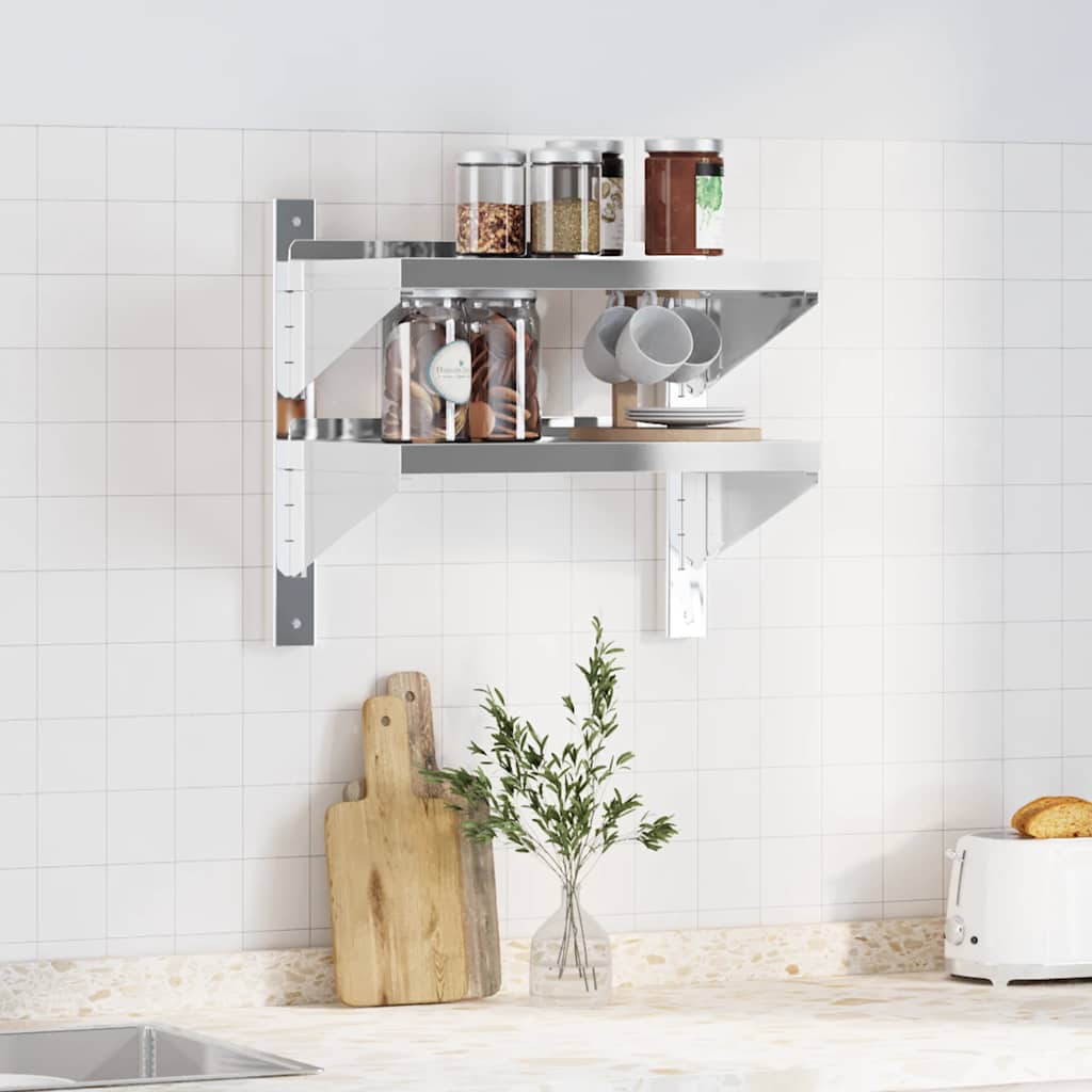 vidaXL 2-Tier Wall Shelf 50x30x48 cm Silver Stainless Steel 3