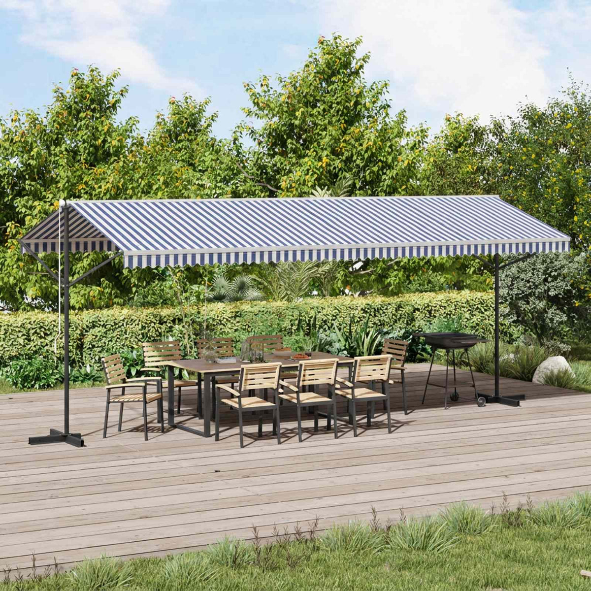 Free Standing Awning Polyester Blue and white 6 x 3 m with anthracite frame