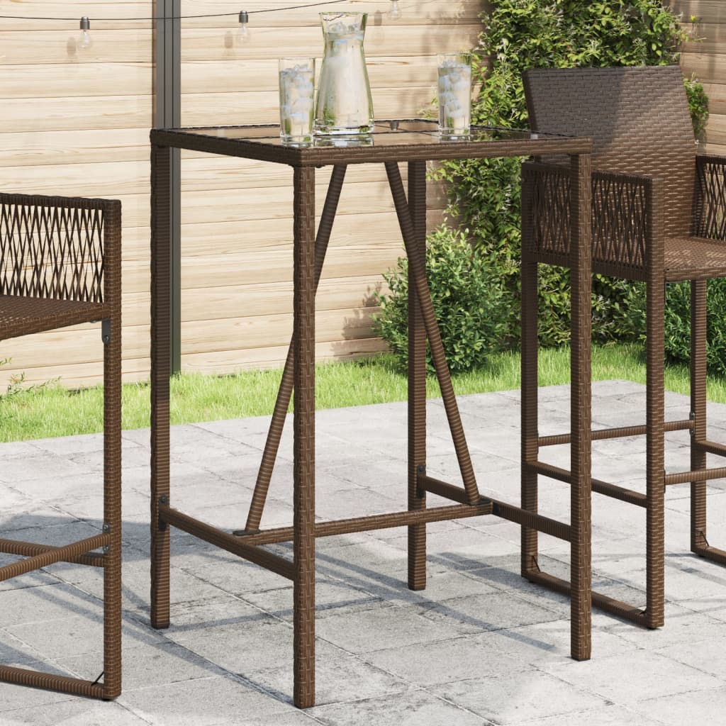 Bar Table with Glass Top Poly Rattan Brown 70 x 70 x 110 cm