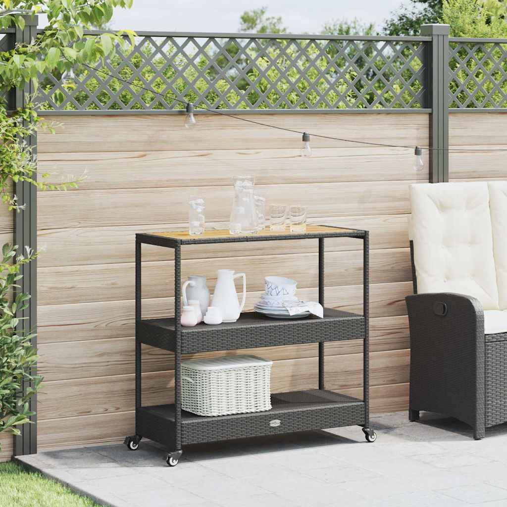 Bar Cart 3-Tier Grey Poly Rattan and Solid Wood Acacia Black and brown