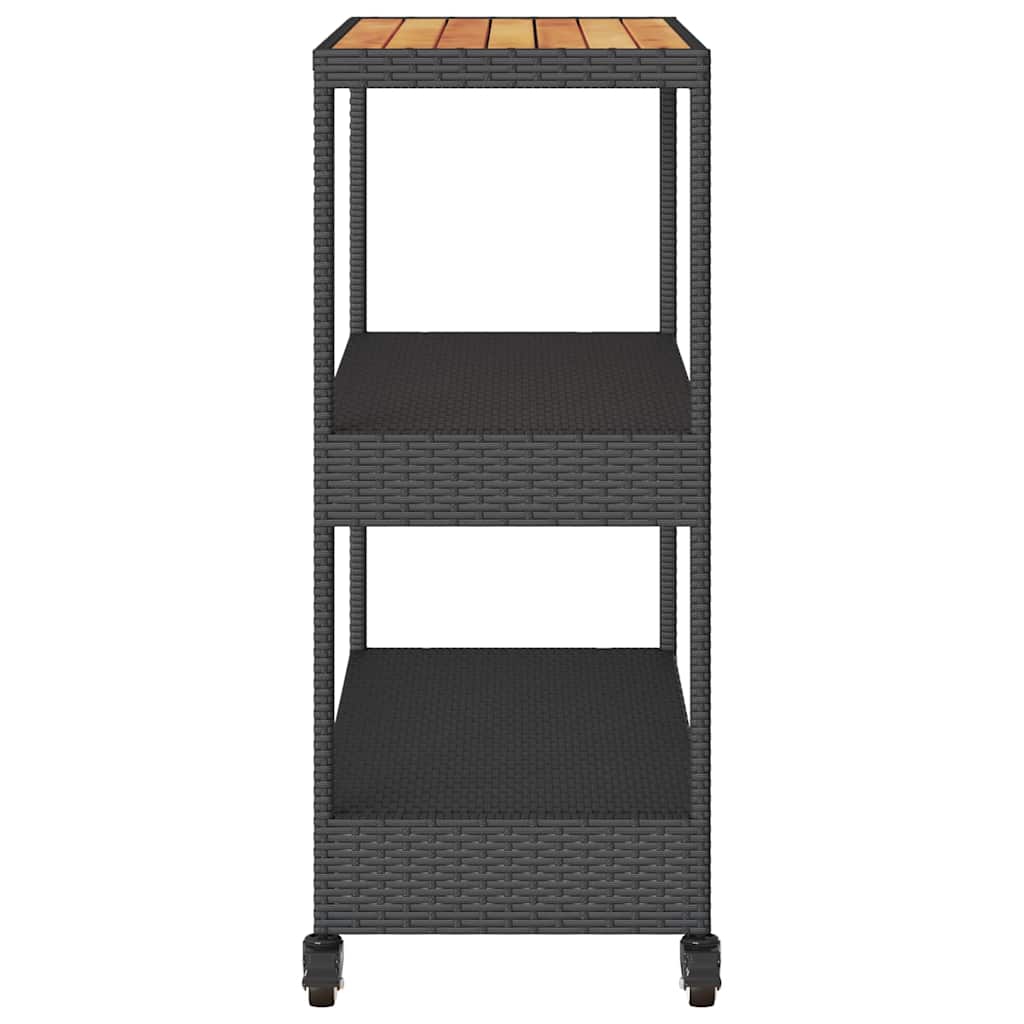 Bar Cart 3-Tier Grey Poly Rattan and Solid Wood Acacia Black and brown