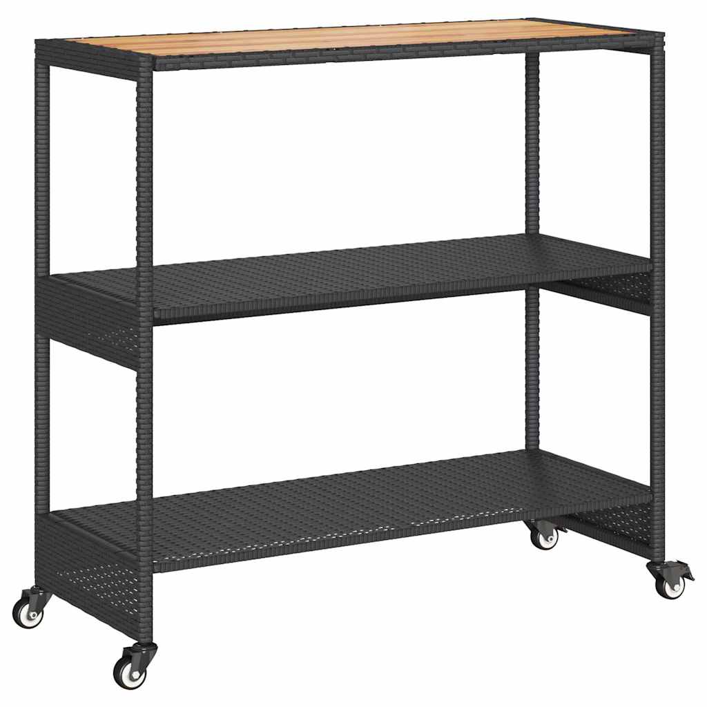 Bar Cart 3-Tier Grey Poly Rattan and Solid Wood Acacia Black and brown