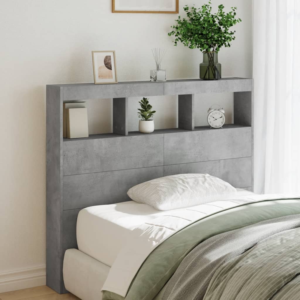 vidaXL Headboard Cabinet with LED Concrete Grey 120x17x102 cm 1