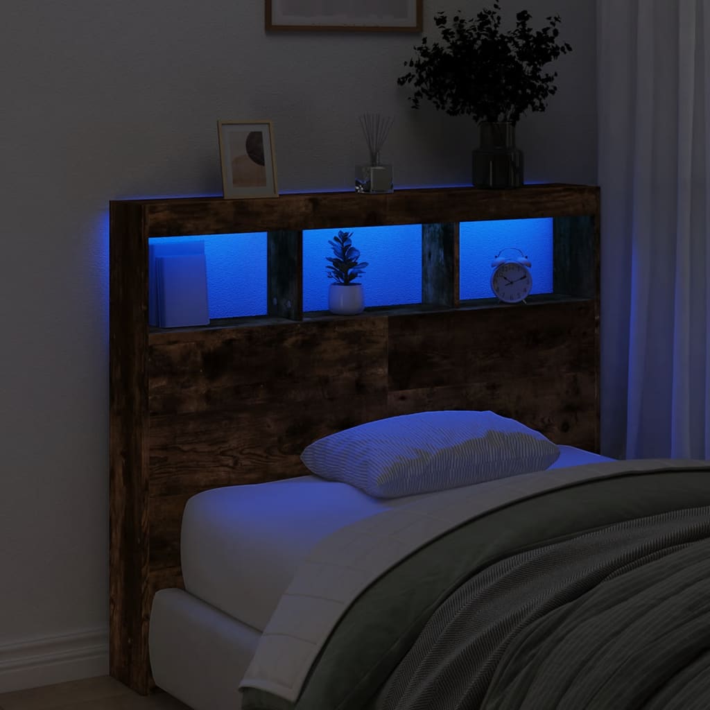 vidaXL Headboard Cabinet with LED Smoked Oak 120x17x102 cm 4