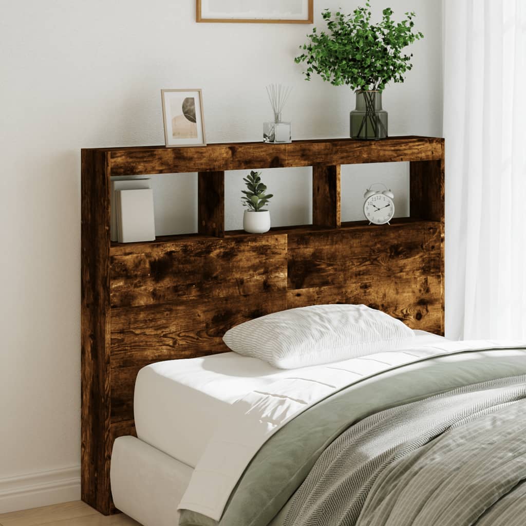 vidaXL Headboard Cabinet with LED Smoked Oak 120x17x102 cm 1