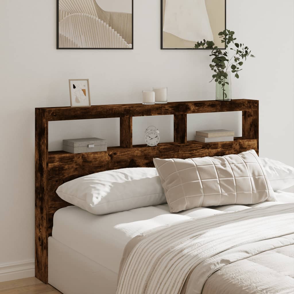 Headboard Cabinet with LED 160 x 17 x 102 cm Smoked oak