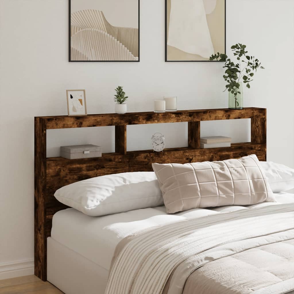 Headboard Cabinet with LED 180 x 17 x 102 cm Smoked oak