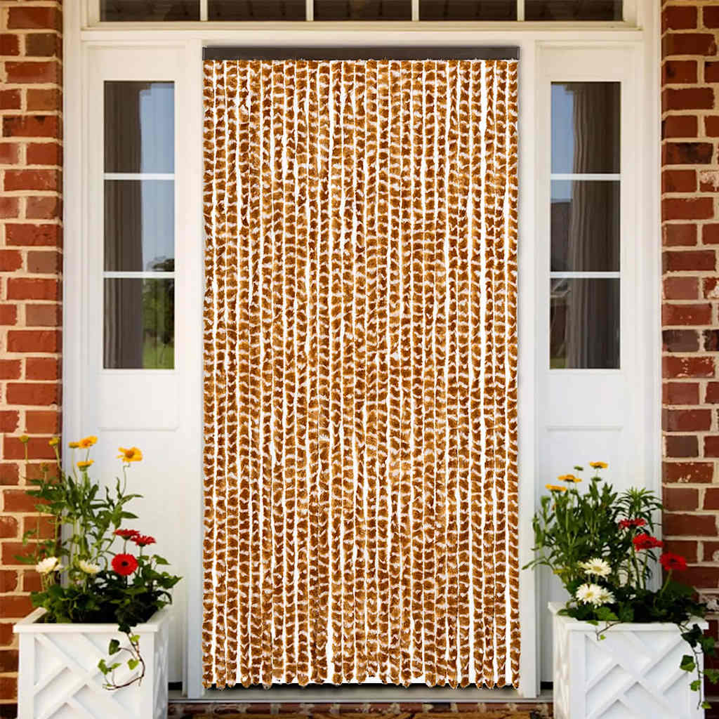 Fly Curtain 90x200 cm Chenille Width 90 cm Drop 200 cm Grey and white (double strip)–White and grey Ochre and white