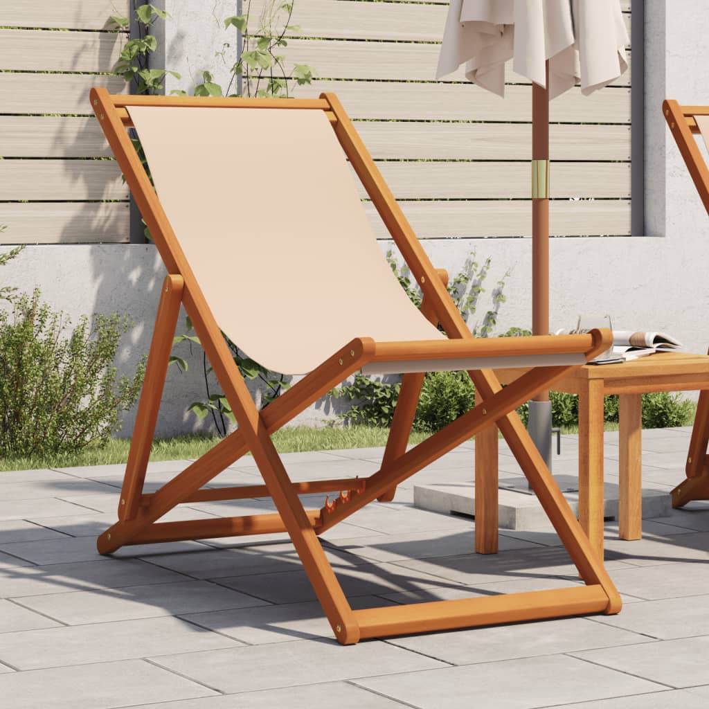 vidaXL Folding Chair Beige Solid Wood Eucalyptus and Fabric 1