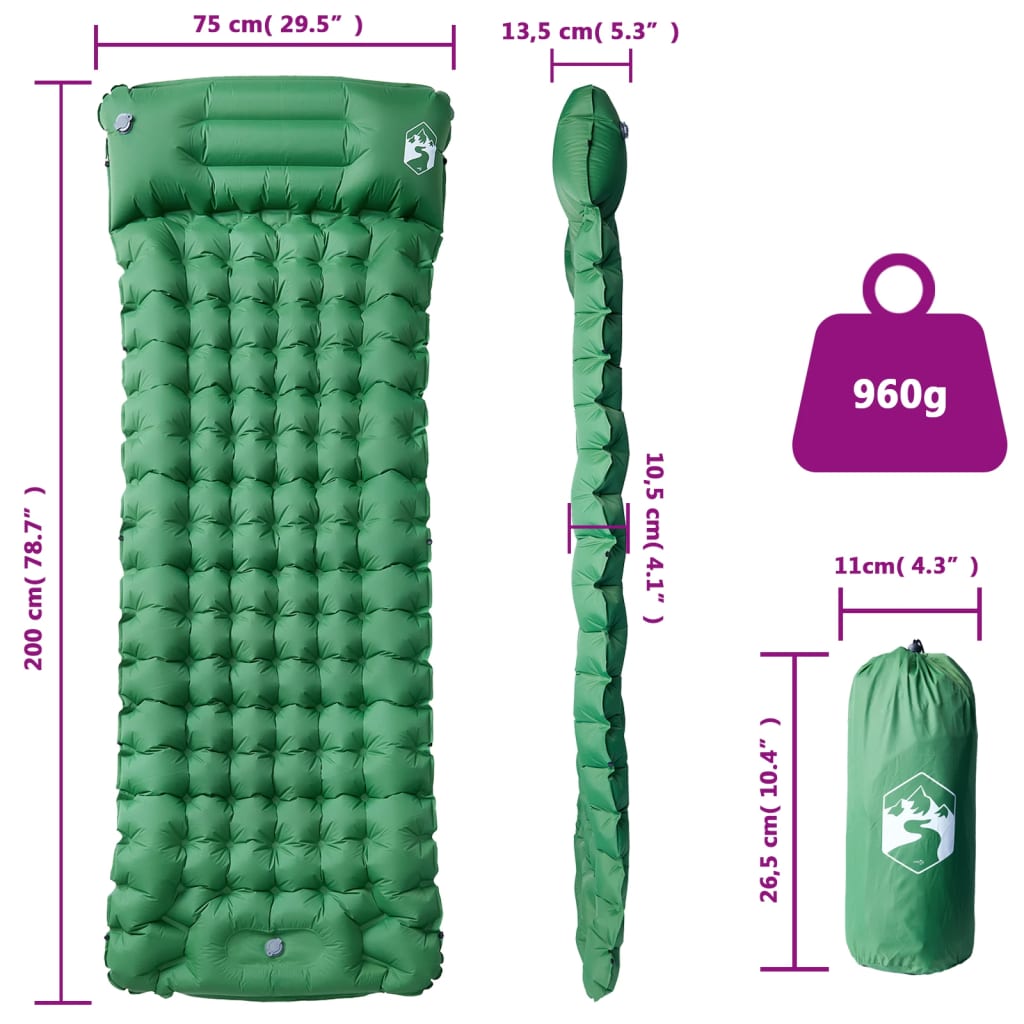 vidaXL Self Inflating Camping Mattress with Pillow 1-Person Green 6