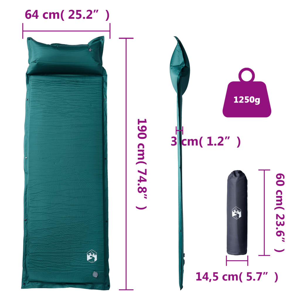 vidaXL Self Inflating Camping Mattress with Pillow 1-Person Green 6