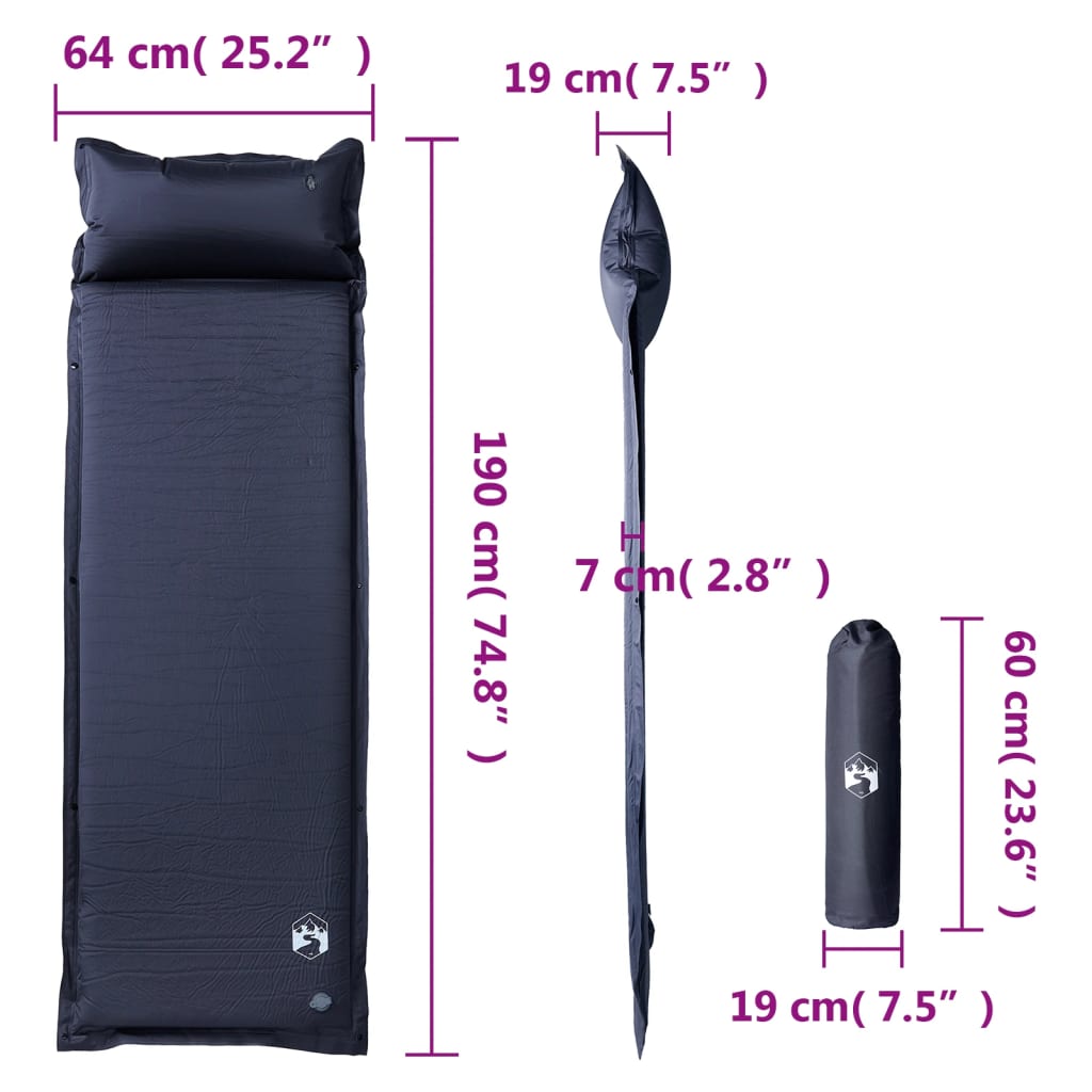 vidaXL Self Inflating Camping Mattress with Pillow 1-Person Grey 6