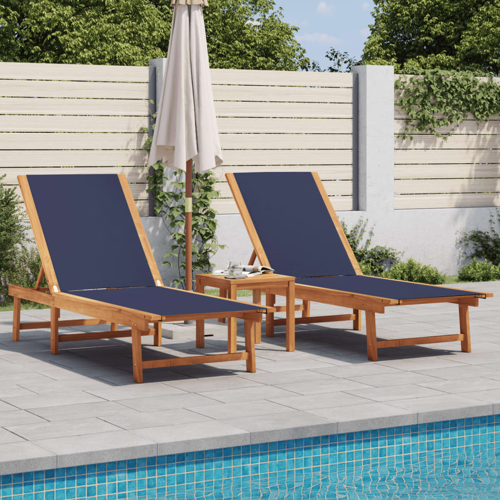 Sun Loungers 2 pcs Solid Wood Acacia and Textilene Blue 2x sun lounger + table