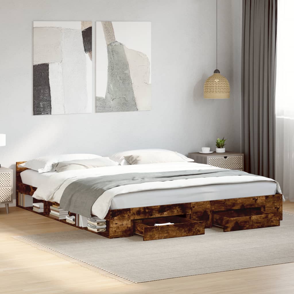Bed Frame with Drawers without Mattress Length 200 cm Smoked Oak 200 cm