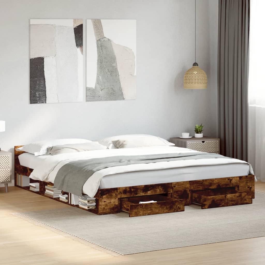 Bed Frame with Drawers without Mattress Length 200 cm Smoked Oak 180 cm