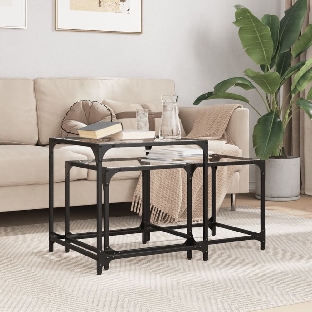 Nesting Coffee Tables 2 pcs with Glass Top Steel Transparent