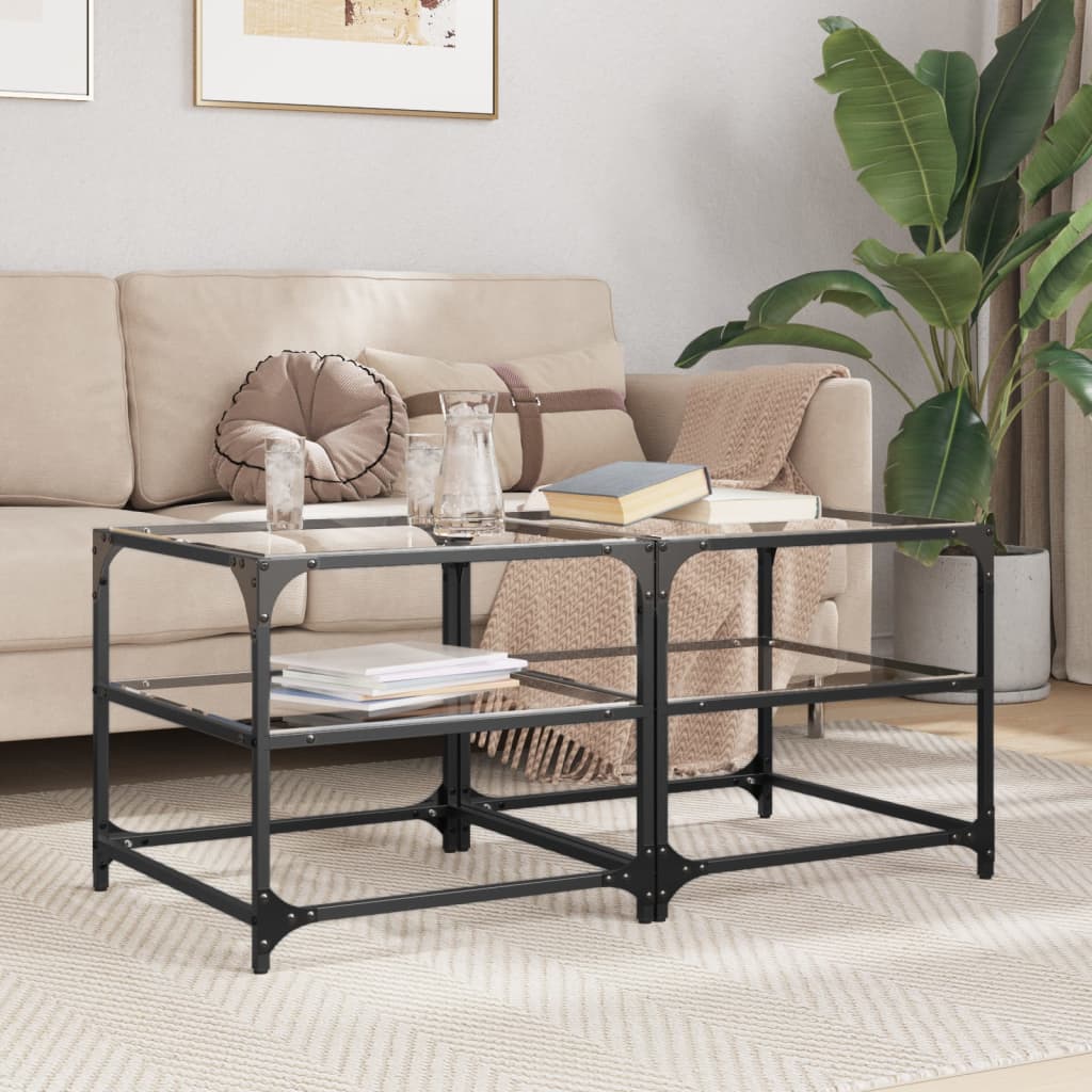 vidaXL Coffee Tables with Transparent Glass Top 2 pcs 50x50x45 cm Steel 1