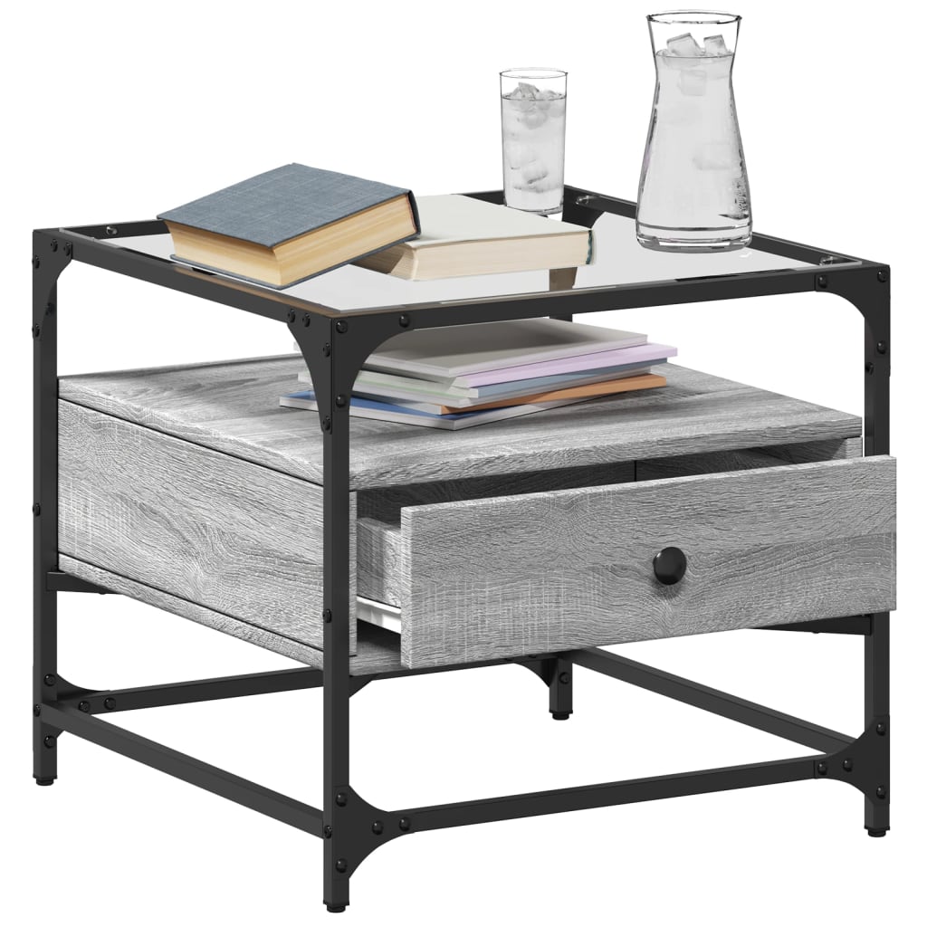 vidaXL Coffee Table with Glass Top Grey Sonoma 50x50x45 cm Steel 3