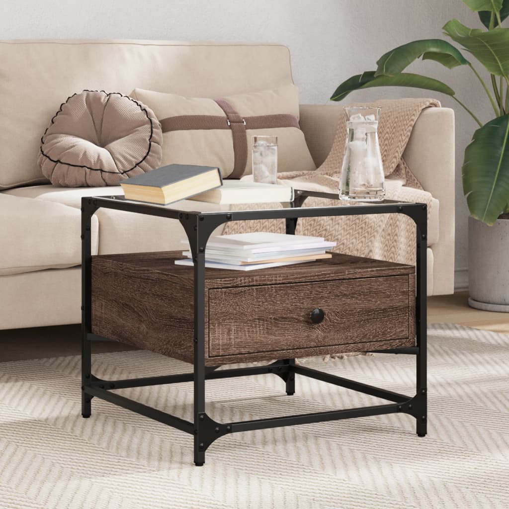 vidaXL Coffee Table with Glass Top Brown Oak 50x50x45 cm Steel 1