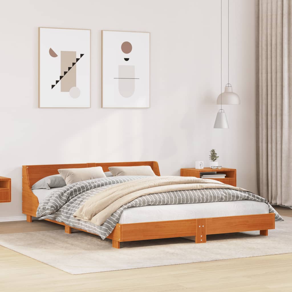 Bed Frame without Mattress Solid Wood Pine Length Wax brown