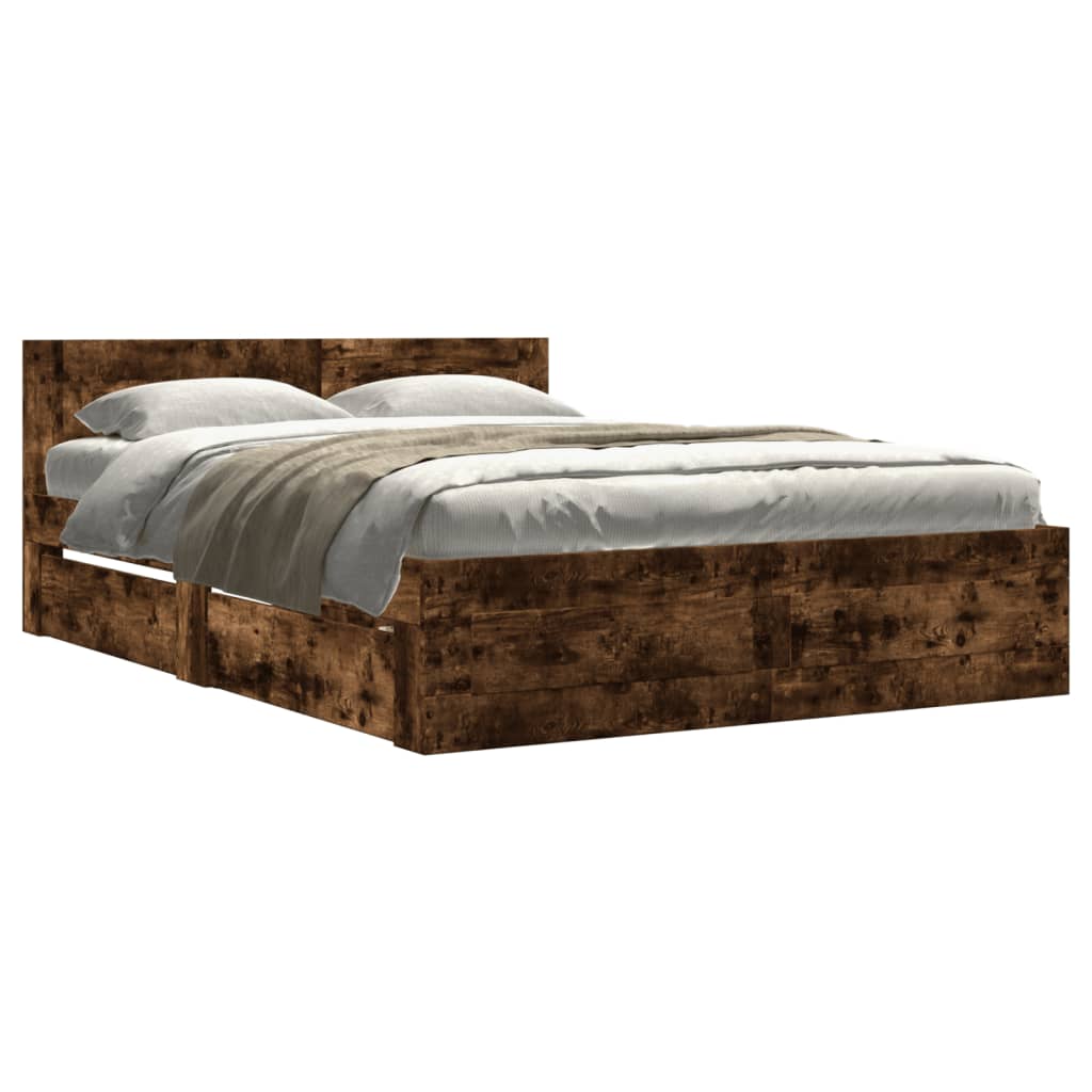 Bed Frame with Headboard without Mattress Smoked Oak 140 x 200 cm