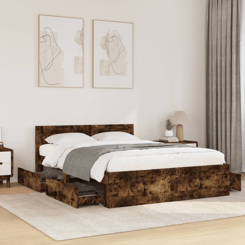 Bed Frame with Headboard without Mattress Smoked Oak 140 x 200 cm