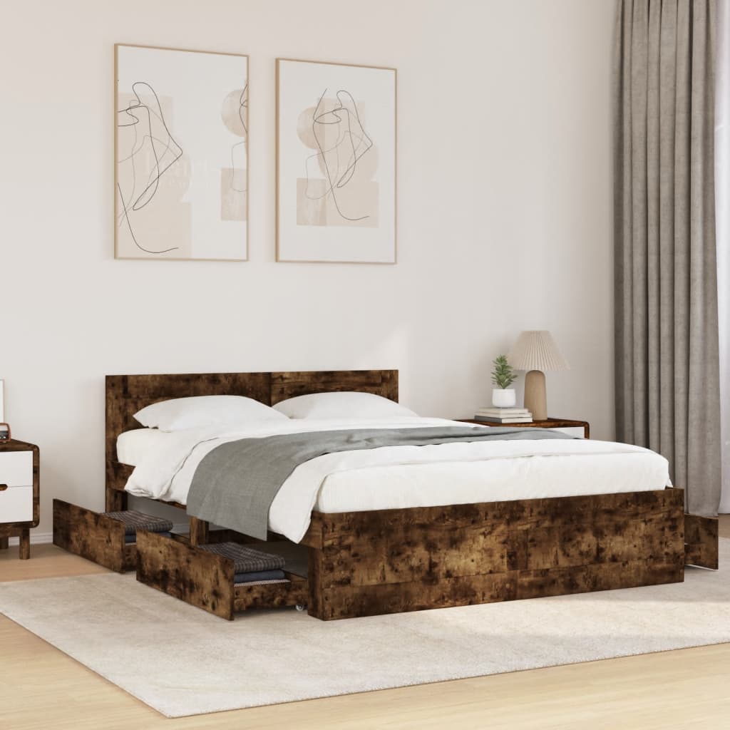 Bed Frame with Headboard without Mattress Smoked Oak 120 x 190 cm