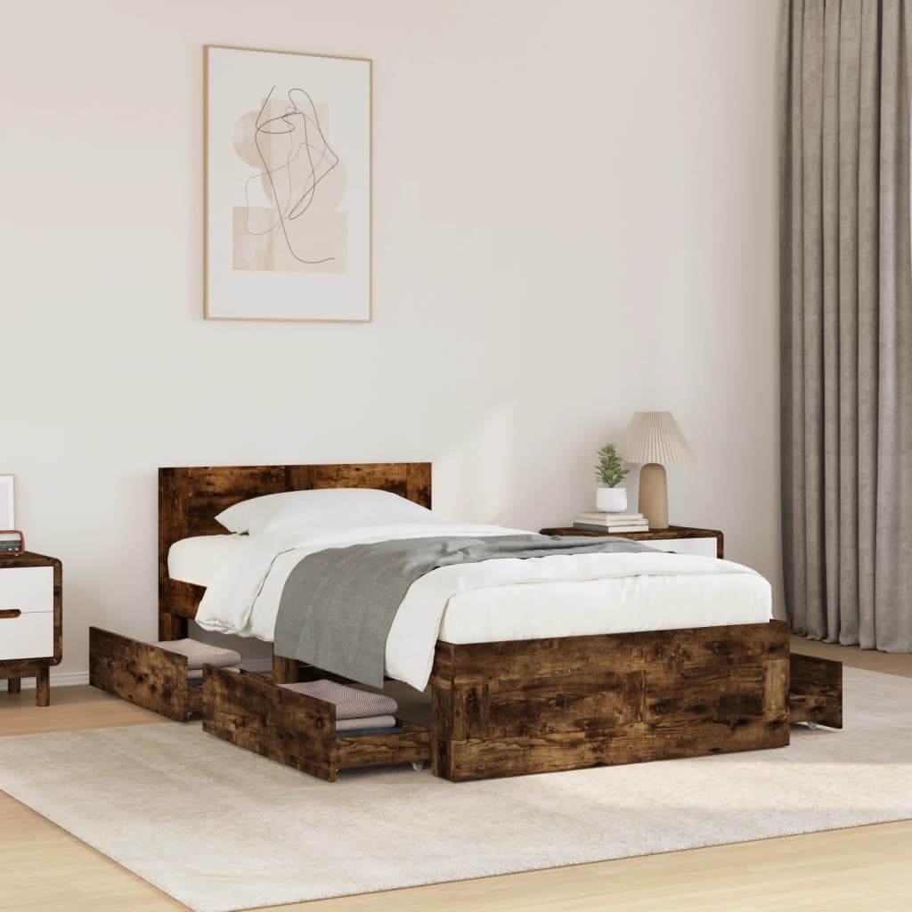 Bed Frame with Headboard without Mattress Smoked Oak 75 x 190 cm