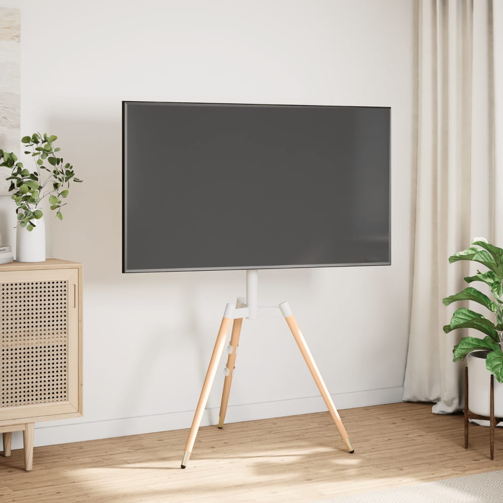 TV Tripod Stand for 37-65 Inch Screen Max VESA 400x400 mm 40 kg White and natural light wood with 3 legs