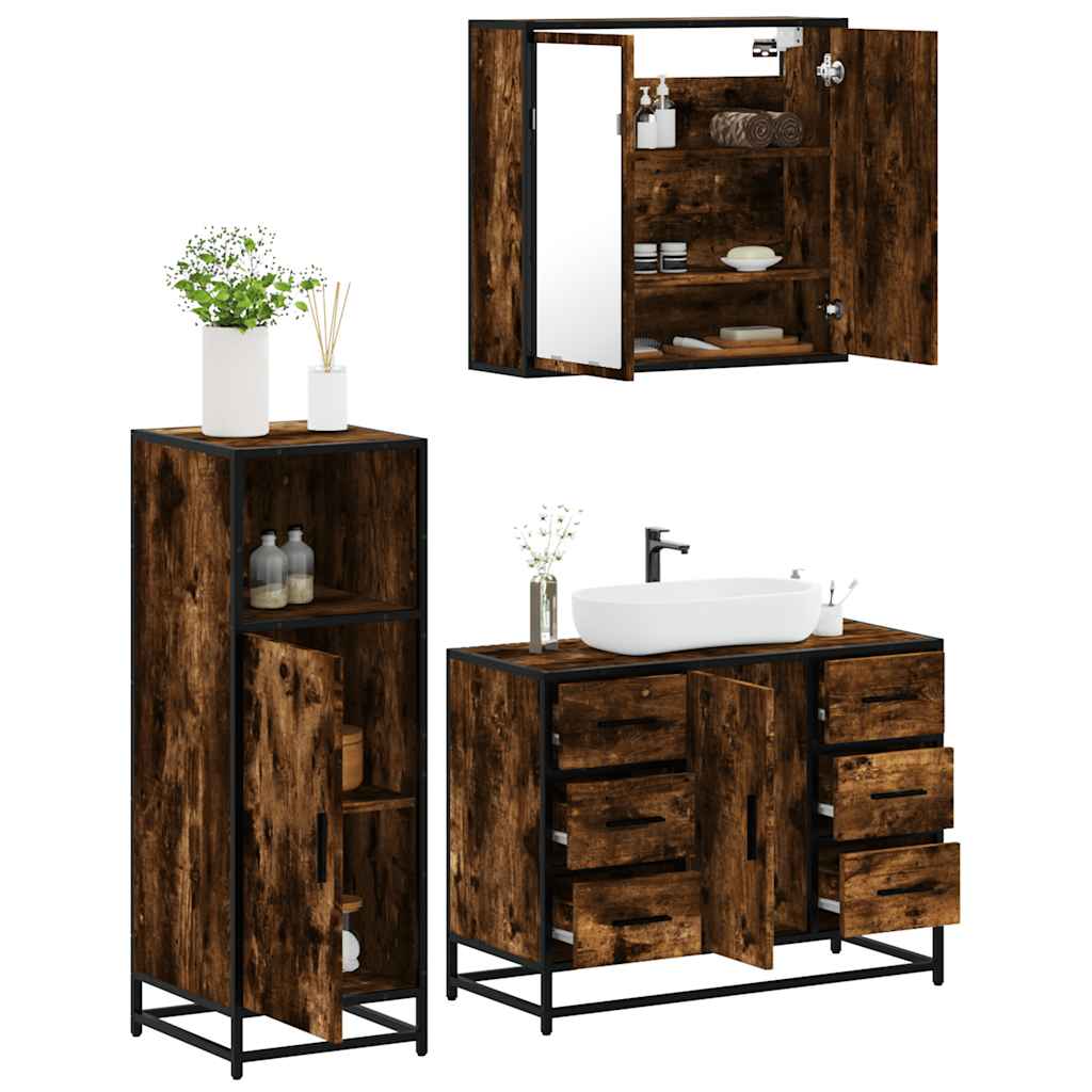 3 Piece Bathroom Furniture Set Engineered Wood Smoked oak
