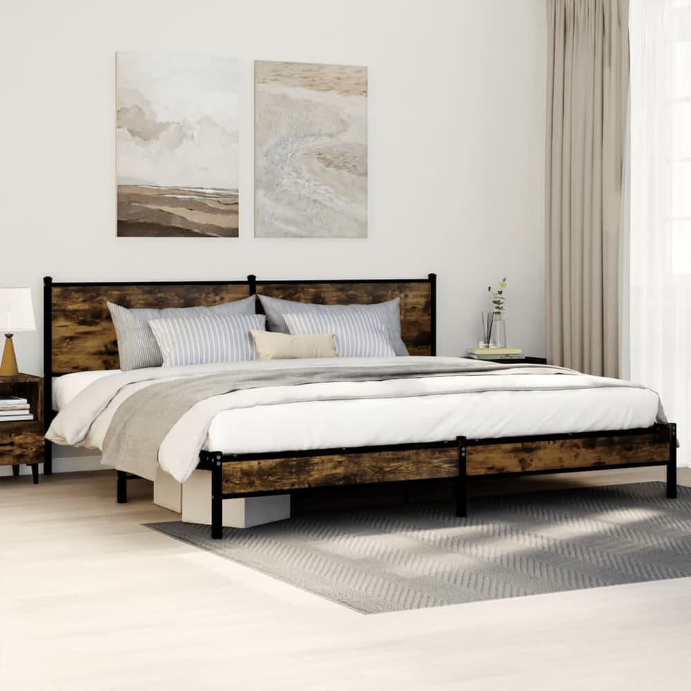 Metal Bed Frame without Mattress Smoked Oak Length 200 cm with Headboard & Low Footboard 200 cm