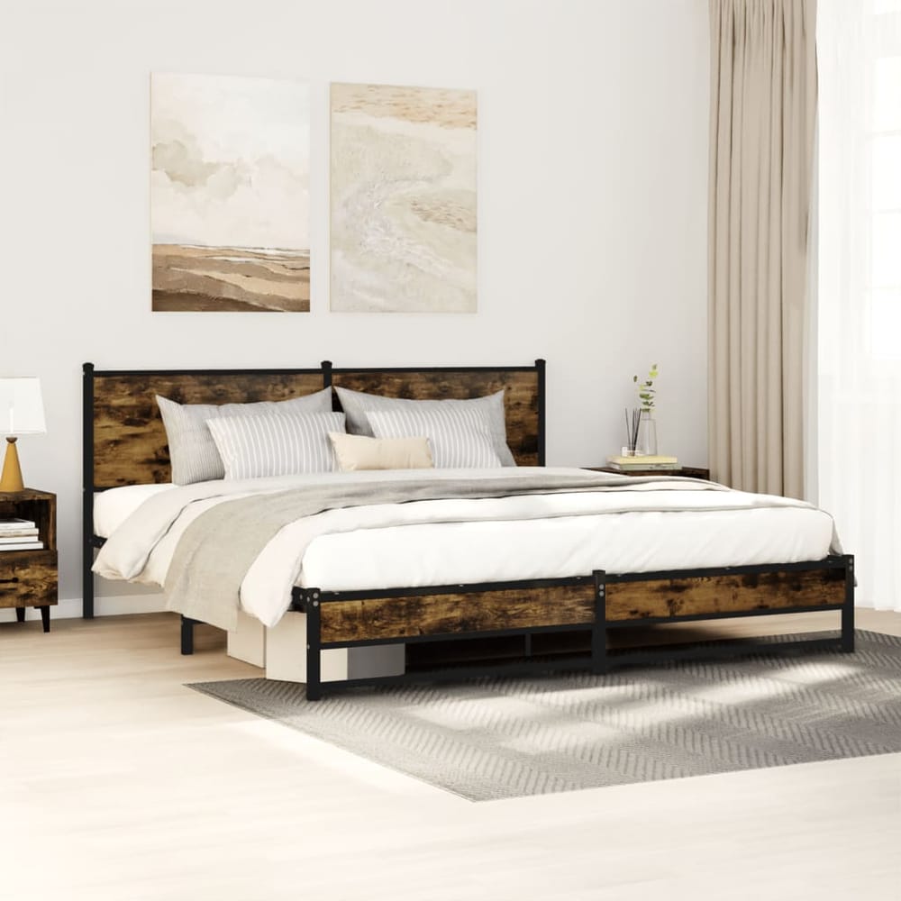 Metal Bed Frame without Mattress Smoked Oak Length 200 cm with Headboard & Dual Low Footboard 180 cm