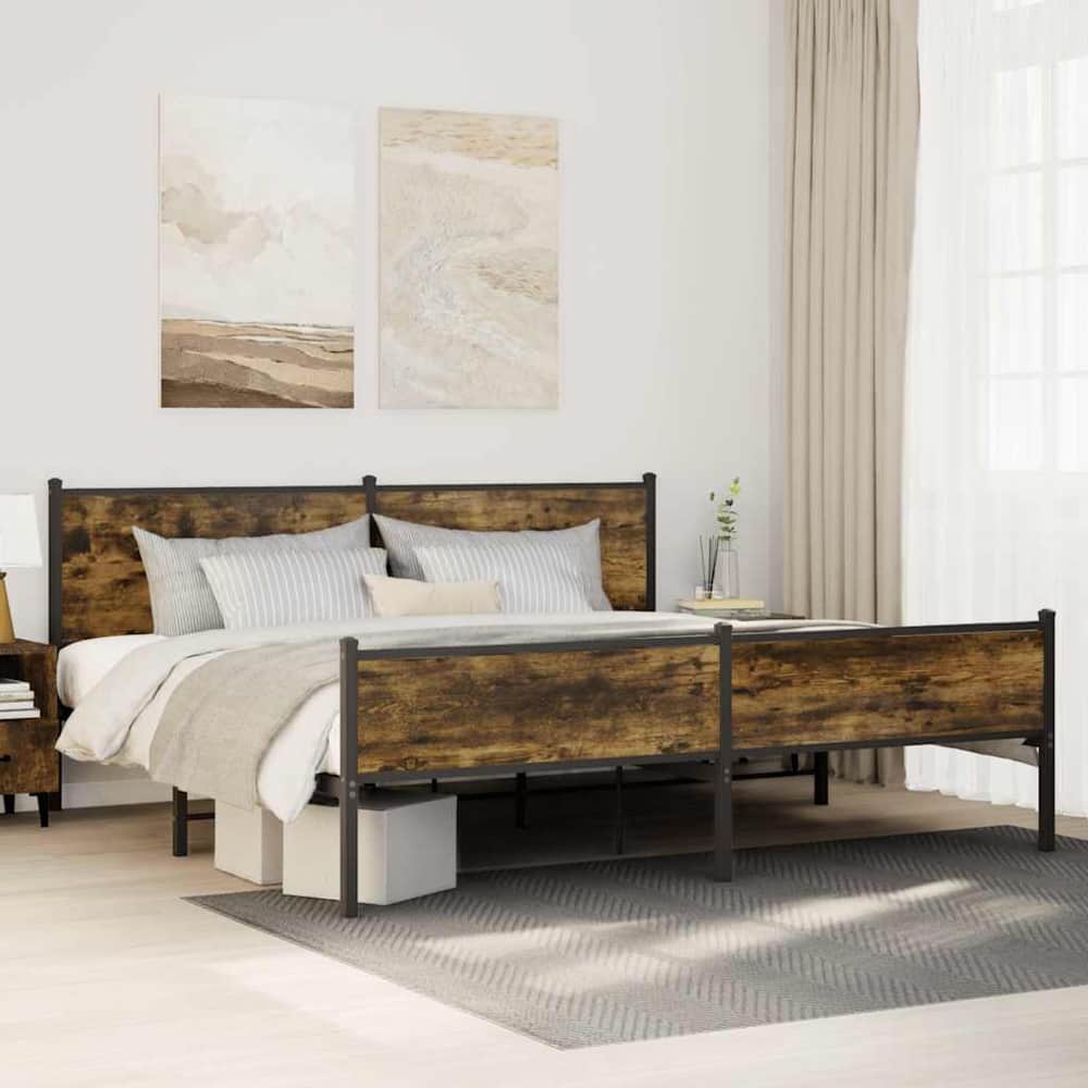Metal Bed Frame without Mattress Smoked Oak Length 200 cm with Headboard & High Footboard 200 cm