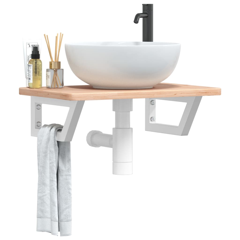 Basin Shelf Wall Mounted Steel and Solid Wood Oak Trapezium Height 2.5 cm Width 60 cm Brown and white